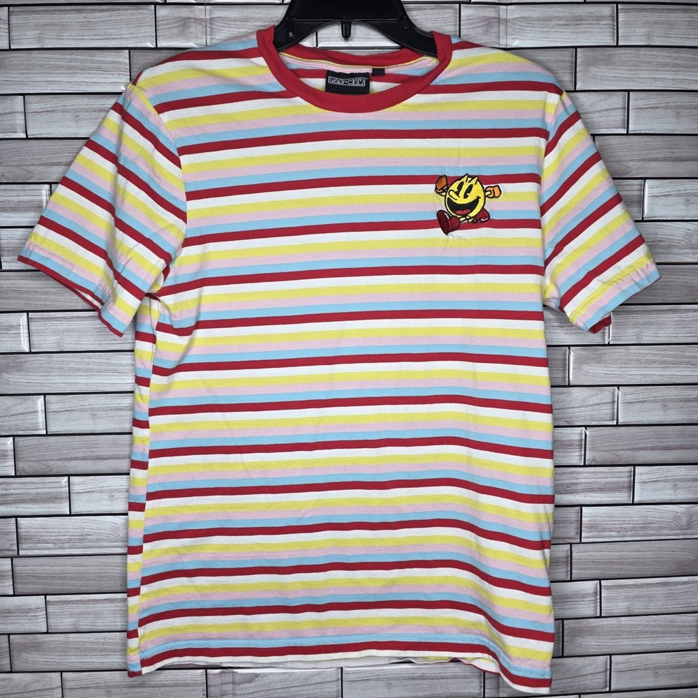 Pac-Man Striped Multi-coloured T-shirt Men's Size Small Unisex Comfy Top